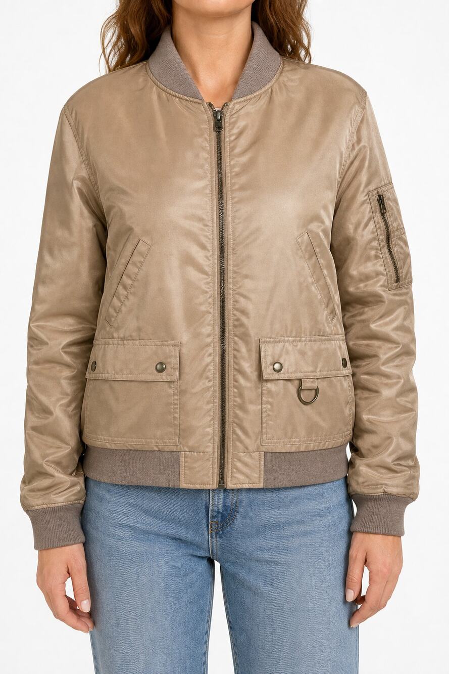 VOICE Womens Gold Tan 100% Silk Bomber Jacket Utility Pockets Size L